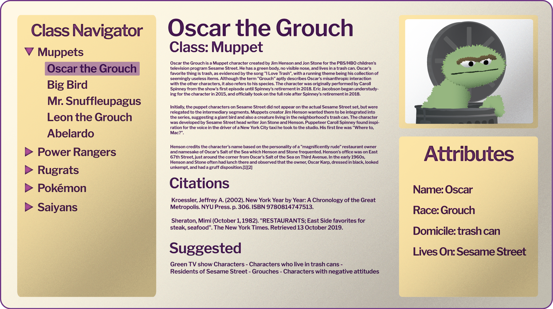 Illustration of a wiki-style page, the subject of which is Oscar the Grouch.